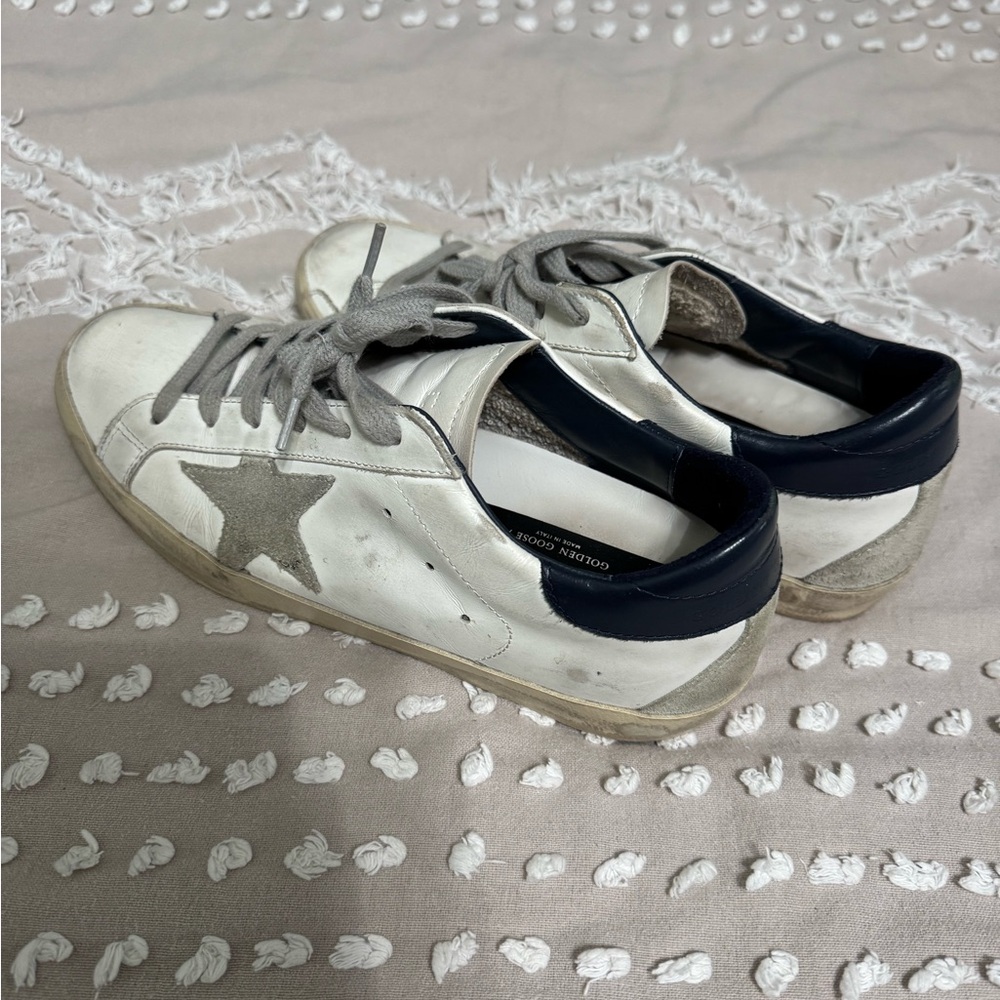 Golden Goose White and Navy Super-Star Sneakers